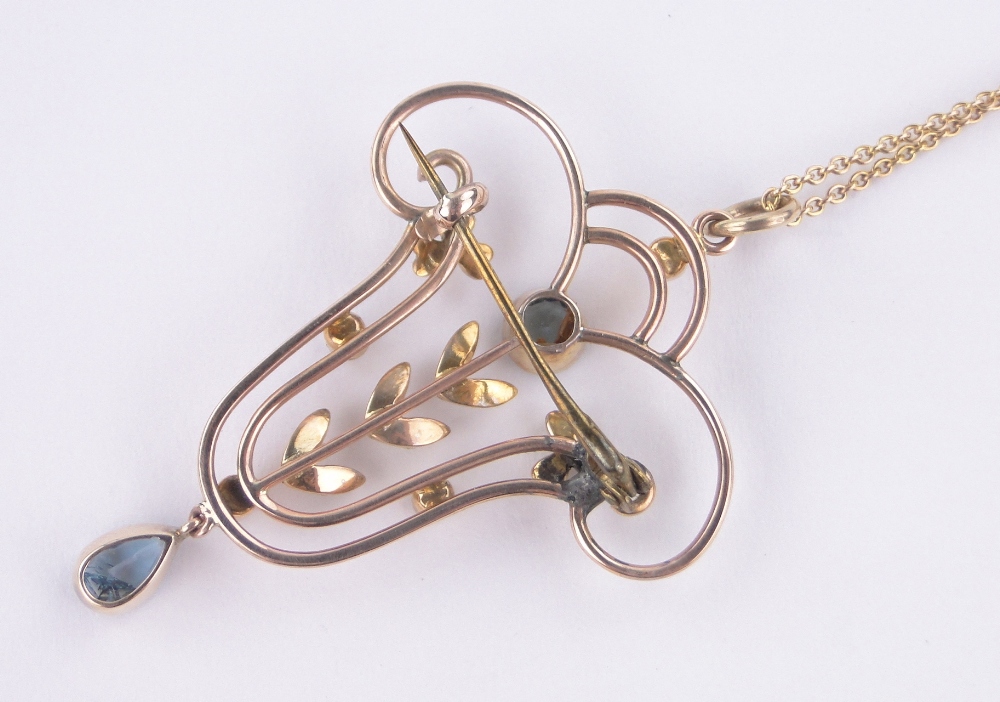 An Edwardian aquamarine and pearl set openwork pendant/brooch, unmarked gold settings, - Image 3 of 4