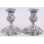 Pair of ornate 19th century Rococo style silver candlesticks, makers marks J J for Mappin Bros.