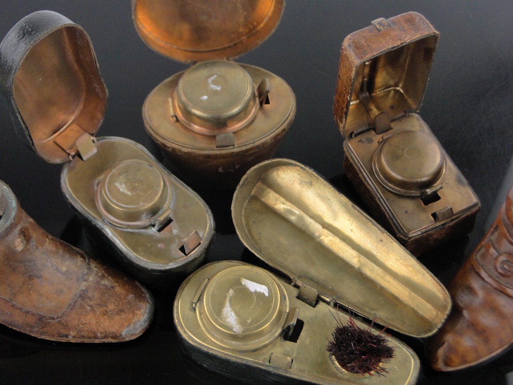 A group of 6 Victorian novelty travelling inkwells, (4 leather covered), including 2 shoes, hat box, - Image 3 of 3