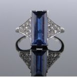 An Art Deco rectangular cut sapphire and diamond ring, sapphire approx.