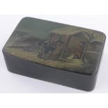 A Russian lacquer box with hand painted winter scene, circa 1900, width 13cm.