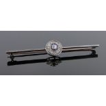 An Art Deco sapphire and diamond cluster bar brooch, unmarked gold settings, length 75mm.