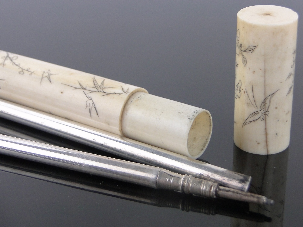 An Asprey's silver dip pen and pencil, and a Chinese cylindrical ivory pen case circa 1900, - Image 2 of 3