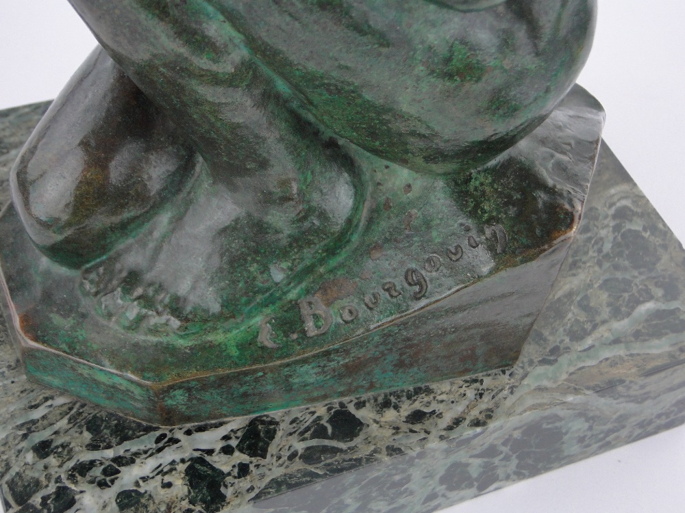 Eugene Bourgouin (1880-1924), a dark green patinated bronze study of a crouching woman, - Image 3 of 3