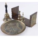 A Victorian brass school bell with turned handle, 2 smaller brass bells,