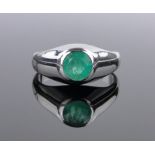 A heavy gauge 18ct white gold emerald set signet ring, 11.6g, size X.