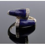 An 18ct gold lapis and diamond set crossover designer ring, circa 1970s, setting height 14mm,