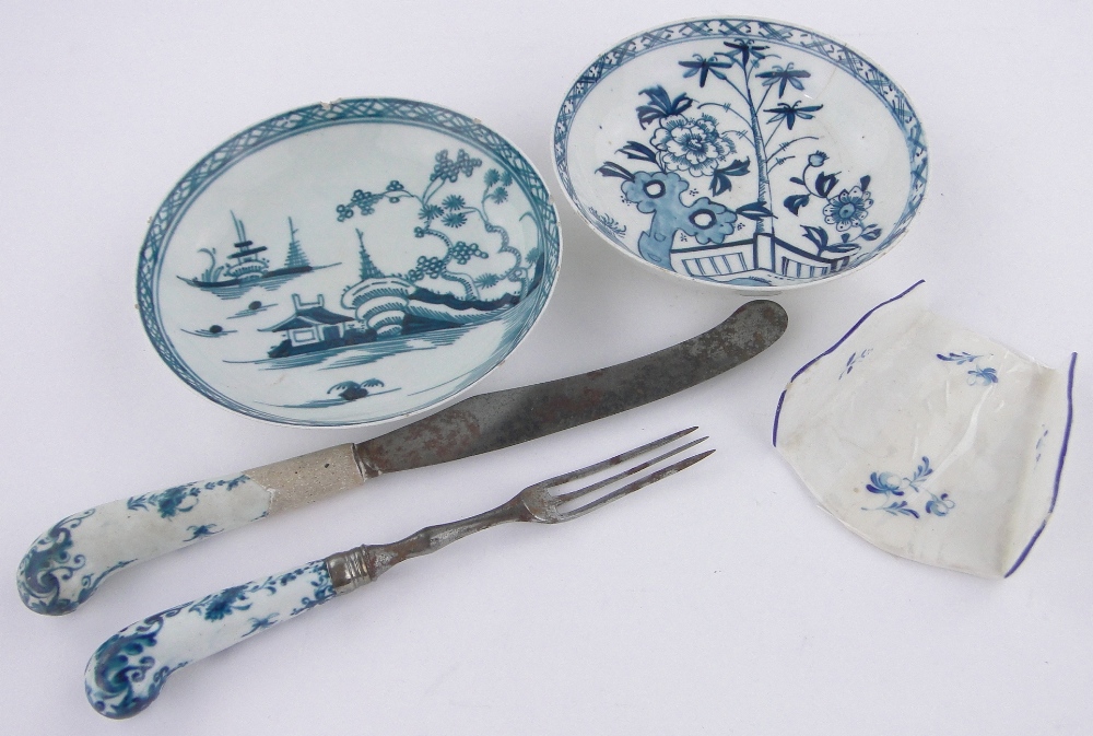 A group of early English porcelain, including a rare blue and white asparagus dish, (5).