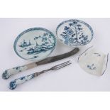 A group of early English porcelain, including a rare blue and white asparagus dish, (5).