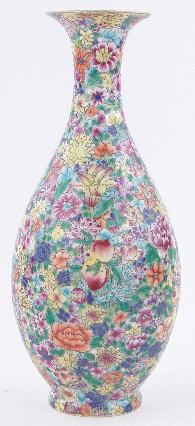 A Chinese porcelain narrow necked vase, with painted enamel floral decoration,