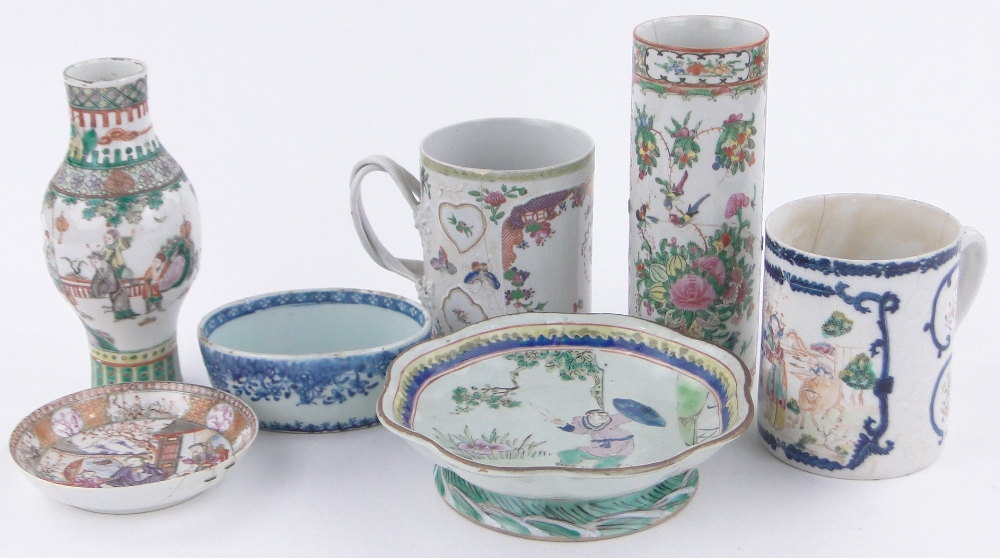 A group of Chinese porcelain items, including 2 large 18th century hand painted tankards,