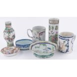 A group of Chinese porcelain items, including 2 large 18th century hand painted tankards,