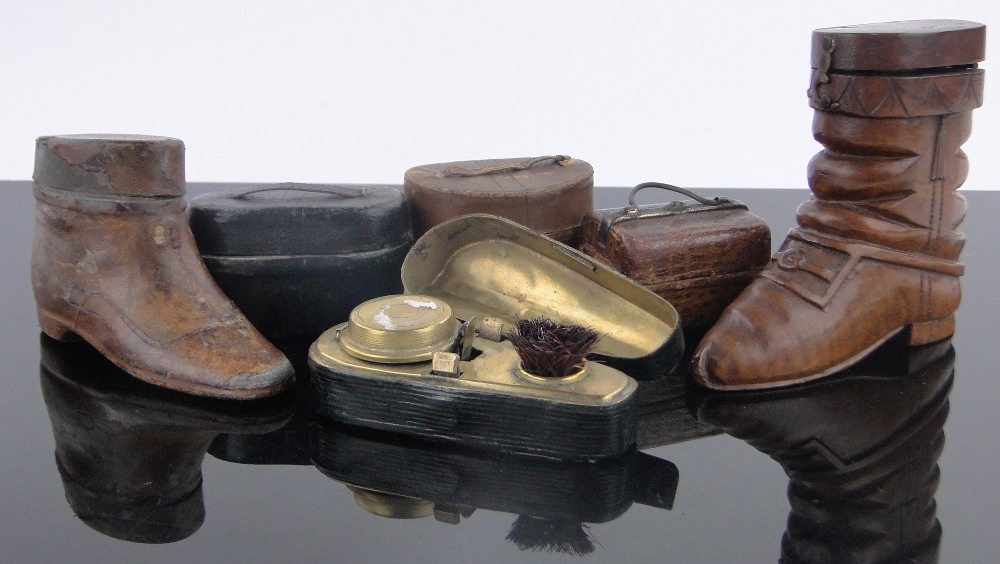 A group of 6 Victorian novelty travelling inkwells, (4 leather covered), including 2 shoes, hat box,