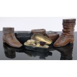 A group of 6 Victorian novelty travelling inkwells, (4 leather covered), including 2 shoes, hat box,
