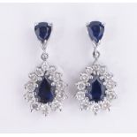 A pair of sapphire and diamond drop earrings, unmarked white gold settings, length 22mm.