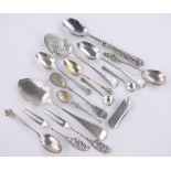 A group of English and continental silver spoons, etc.