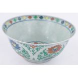 A Chinese Wucai porcelain bowl, painted enamel floral border, 6 character mark under, diameter 20cm.