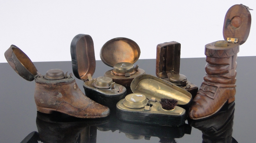 A group of 6 Victorian novelty travelling inkwells, (4 leather covered), including 2 shoes, hat box, - Image 2 of 3