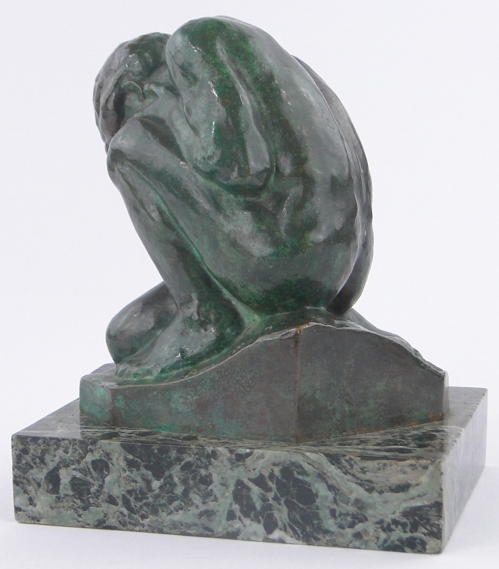 Eugene Bourgouin (1880-1924), a dark green patinated bronze study of a crouching woman, - Image 2 of 3