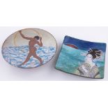 2 Mary Fenton pottery plates, 1 depicting a naked dancer with a hoop, diameter 30cm,