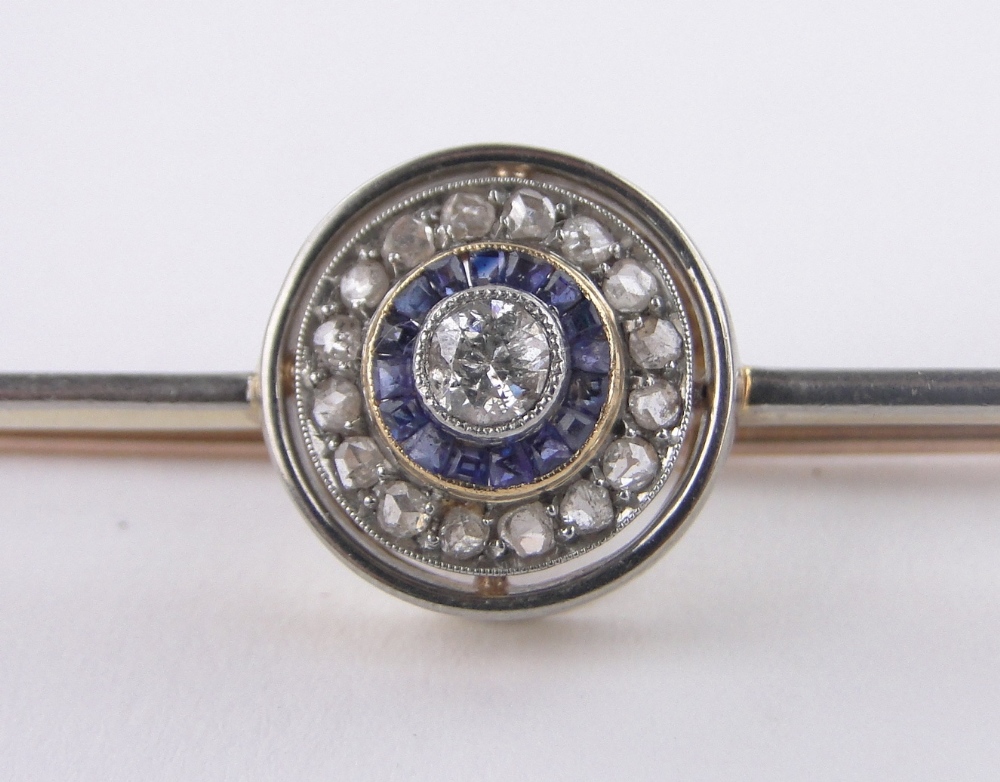 An Art Deco sapphire and diamond cluster bar brooch, unmarked gold settings, length 75mm. - Image 3 of 4