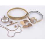 A quantity of gold jewellery, including a pair of 9ct gold cufflinks, 9ct bangle,