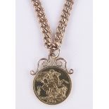 A 1925 gold sovereign pendant on heavy gauge 9ct gold solid link chain, gross weight 42.5g.