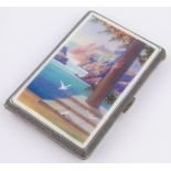 A continental silver and enamel cigarette case, hand painted enamel lid depicting Italian Riviera,