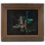 William Merritt Chase (American, 1849-1916), oil on canvas, still life study: Oriental ceramics,