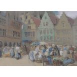 19th/20th century watercolour, a busy continental street market, unsigned, 11" x 16", framed.