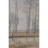V Ward, watercolour, a tree-lined river landscape, signed and dated 1918, 13" x 8", framed.