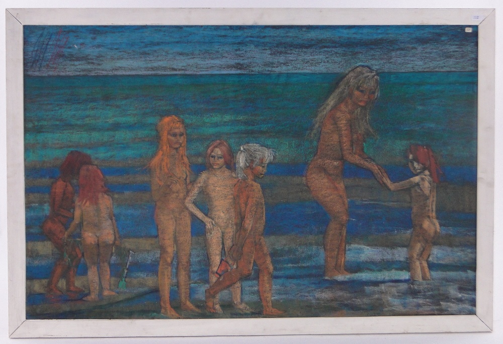 Maurice Mann (1921-1997), 4 coloured pastels on board, studies of children at the beach, - Image 5 of 8