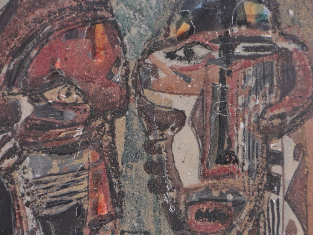 Mixed media on canvas, primitive figures, indistinctly signed, dated '68, 21.5" x 15", unframed. - Image 3 of 4