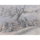 J E Hodgkin, pencil/watercolour, picnic in Bradgate Park near Leicester 1851, 9" x 12", framed.