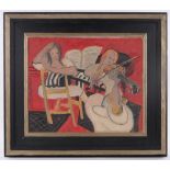 Oil on canvas, modernist composition musicians, unsigned, 20" x 24", framed.