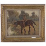 Manner of Alfred Munnings, oil on wood panel, farm boy on horseback, unsigned, 11" x 13", framed.