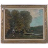 Maurice DeMayer, oil on canvas, cart on a riverside path, signed, 28" x 36", framed.