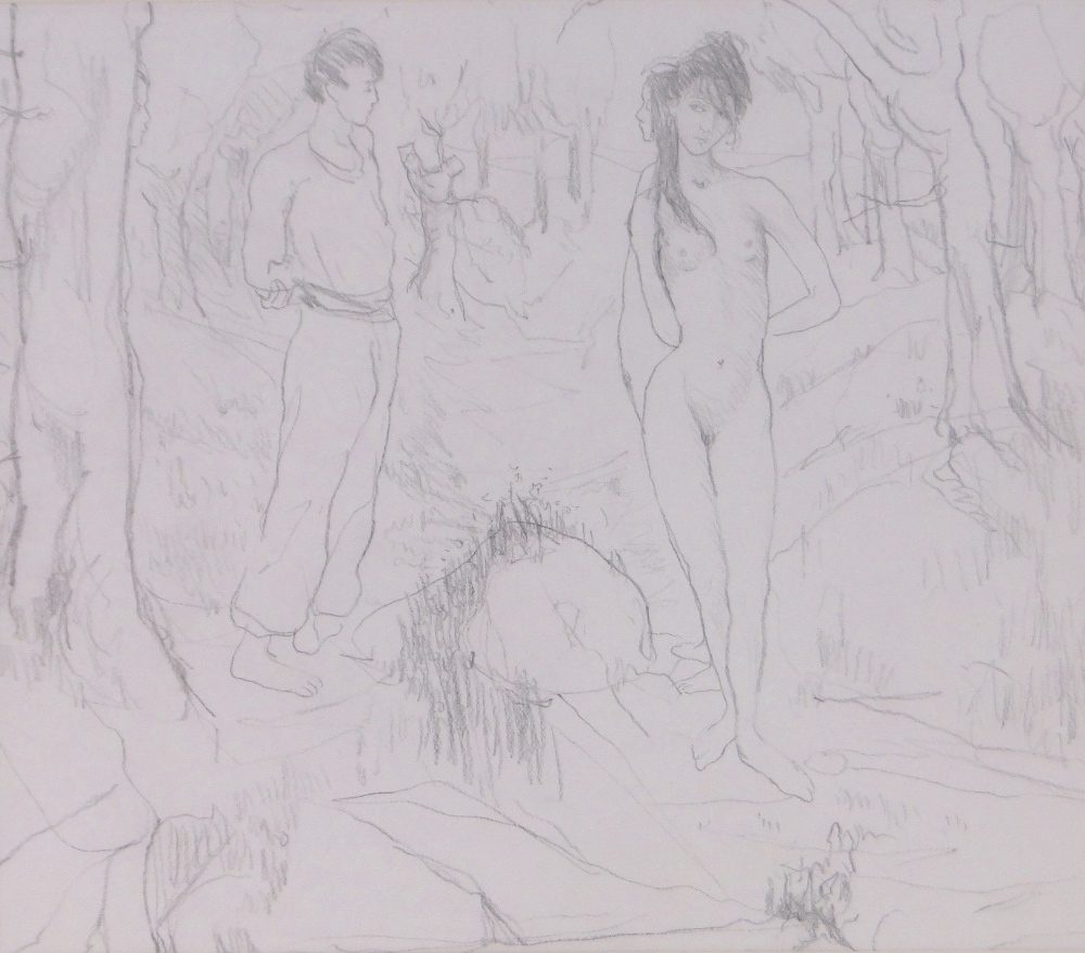 Tom Keogh (1900-1970), pencil drawing, 3 figures in a landscape, 12" x 14", mounted,