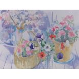Sarah Bibra, watercolour, flower trilogy, signed with gallery labels verso, 21" x 29", framed.