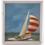 20th century oil on board, racing yacht off the coast, indistinctly signed, 15" x 14", framed.