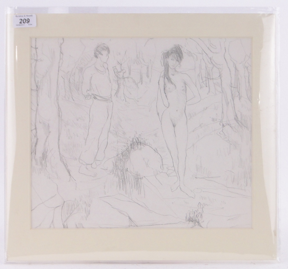 Tom Keogh (1900-1970), pencil drawing, 3 figures in a landscape, 12" x 14", mounted, - Image 2 of 4