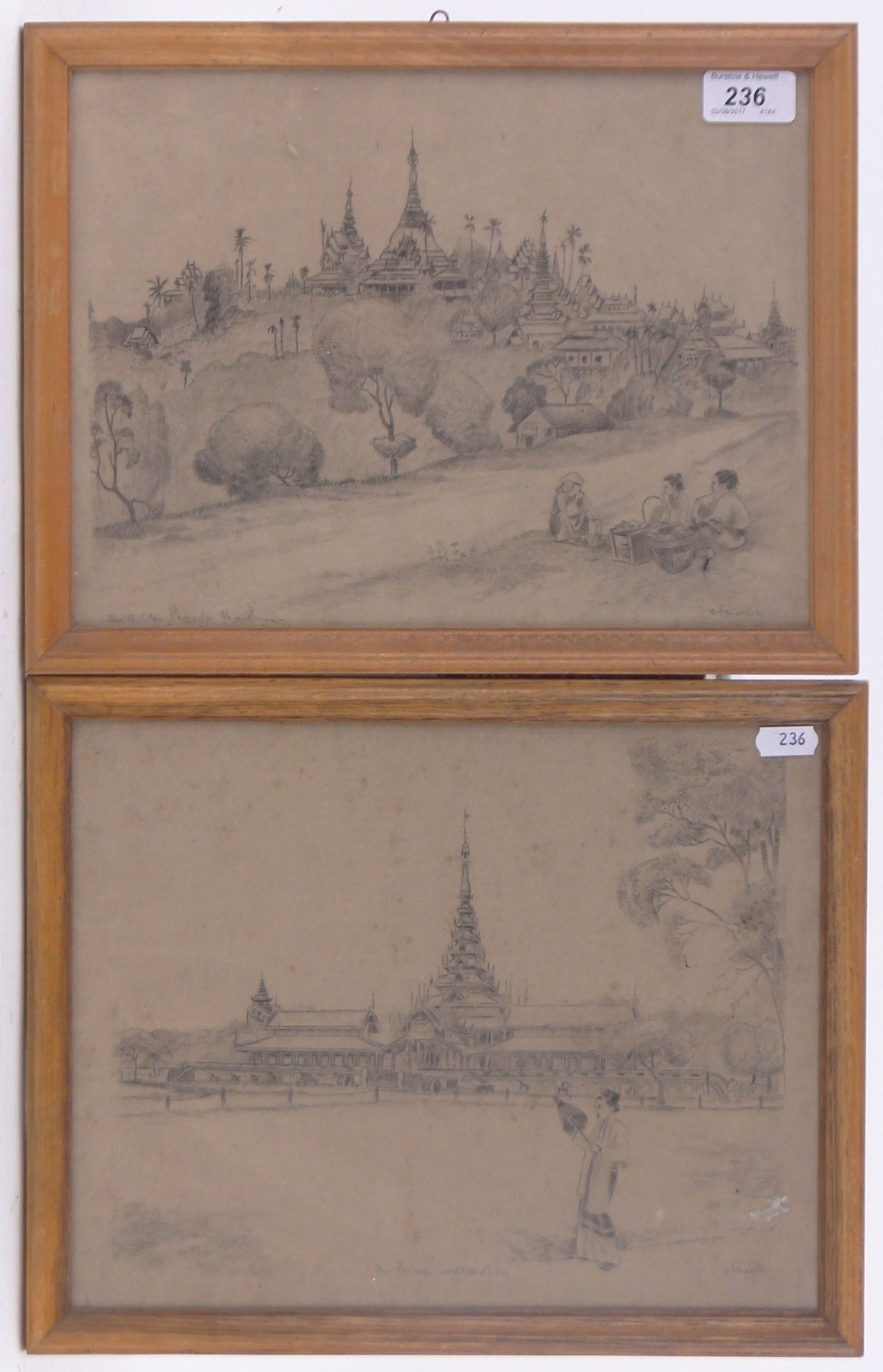 E MacColl, 5 pencil drawings circa 1900, Colonial scenes including the Palace at Mandalay,