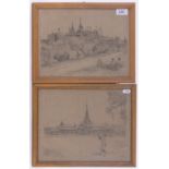 E MacColl, 5 pencil drawings circa 1900, Colonial scenes including the Palace at Mandalay,