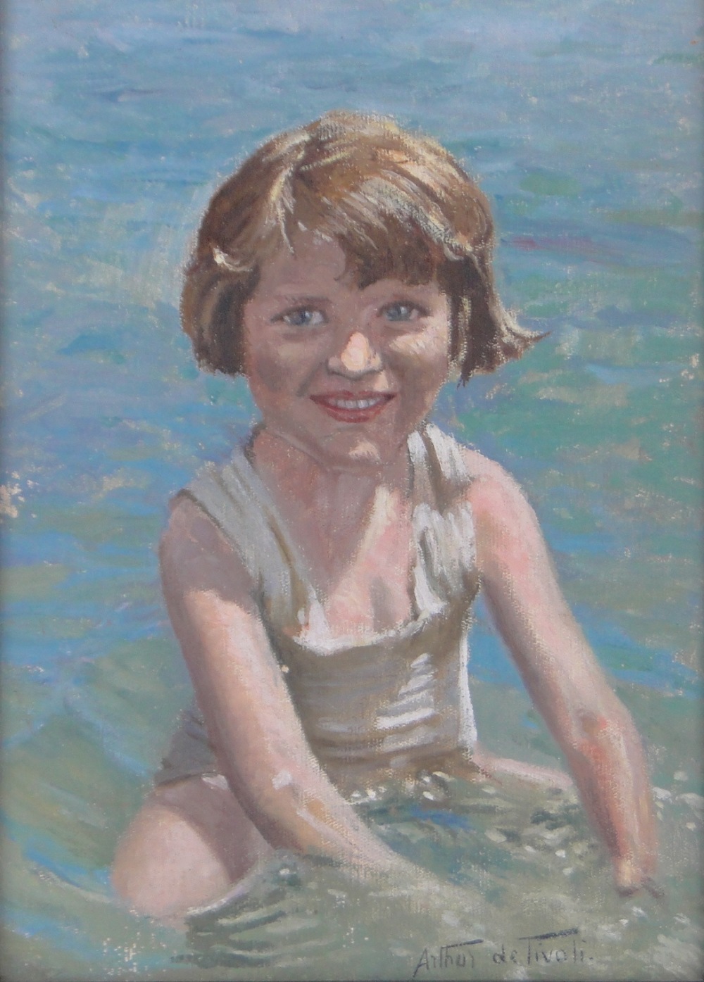 Arthur de Tivoli, oil on board, child at the seashore, signed, 13" x 9.5", framed.