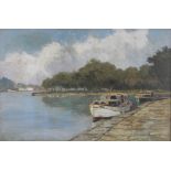 Marcus, oil on canvas, moored boats on the Thames, signed, 20" x 30", framed.