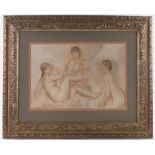 Pencil/sepia wash, classical nudes, indistinctly signed, 16.5" x 24", framed.