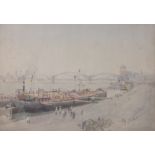 Early 20th century watercolour, cargo boats on a river, unsigned, 10" x 15", framed.