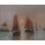 Continental School, oil on board circa 1900, fishing fleet at sunset, indistinctly signed,
