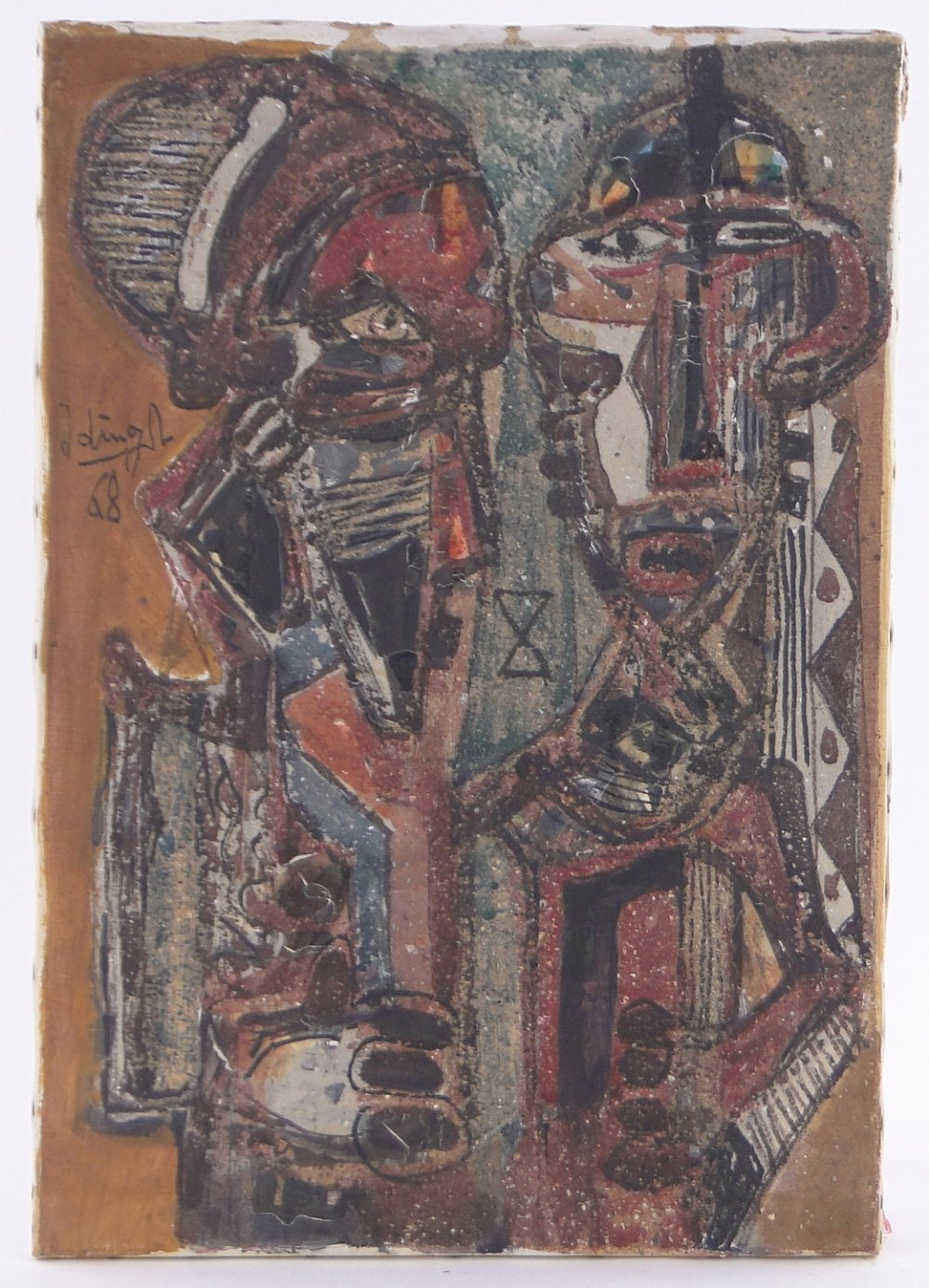 Mixed media on canvas, primitive figures, indistinctly signed, dated '68, 21.5" x 15", unframed.