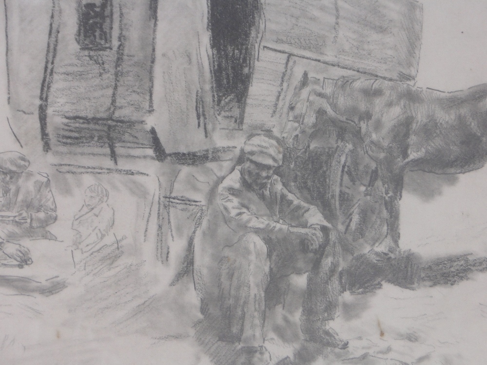 Erich Wolfsfeld (1884-1956), charcoal drawing, farm workers, signed, 12" x 20" and Matador, - Image 2 of 4
